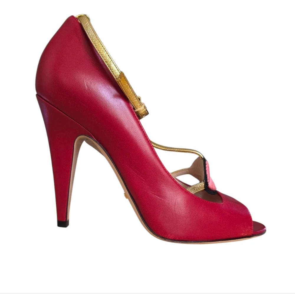 Iconic Gucci Molina Lips T-Strap Heels Red Gold Leather Pumps 38.5 - Picture 10 of 16